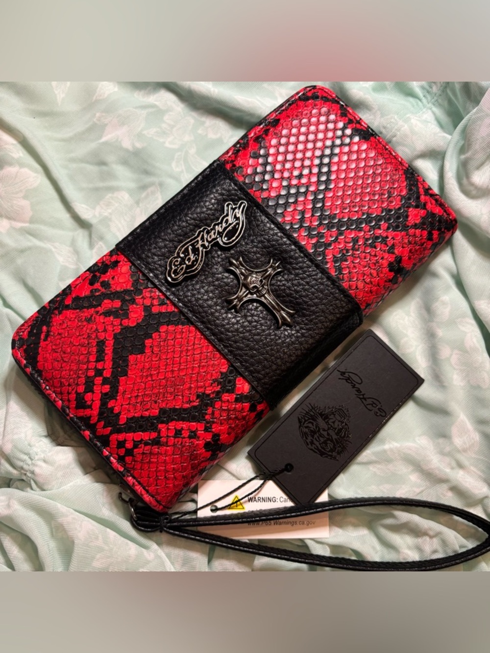 Ed Hardy Red and Black Snake-Print Wristlet Wallet
